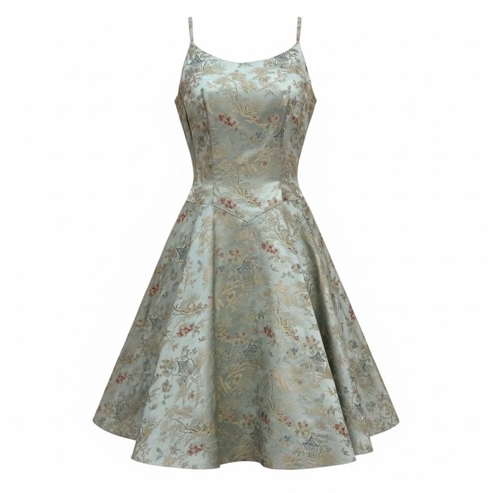 Vtg Handmade Asian 50s Fit Flare Dress Blue Gold Pagoda Brocade Talon Zip 6